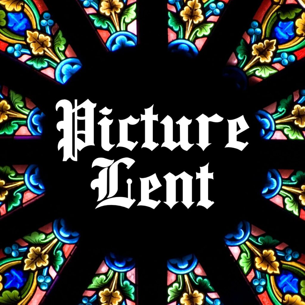PictureLent24 Square stained glass window with black circle and the words Picture lent