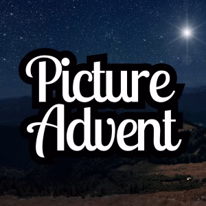 Square picture advent logo with dark sky and a bright star in the background